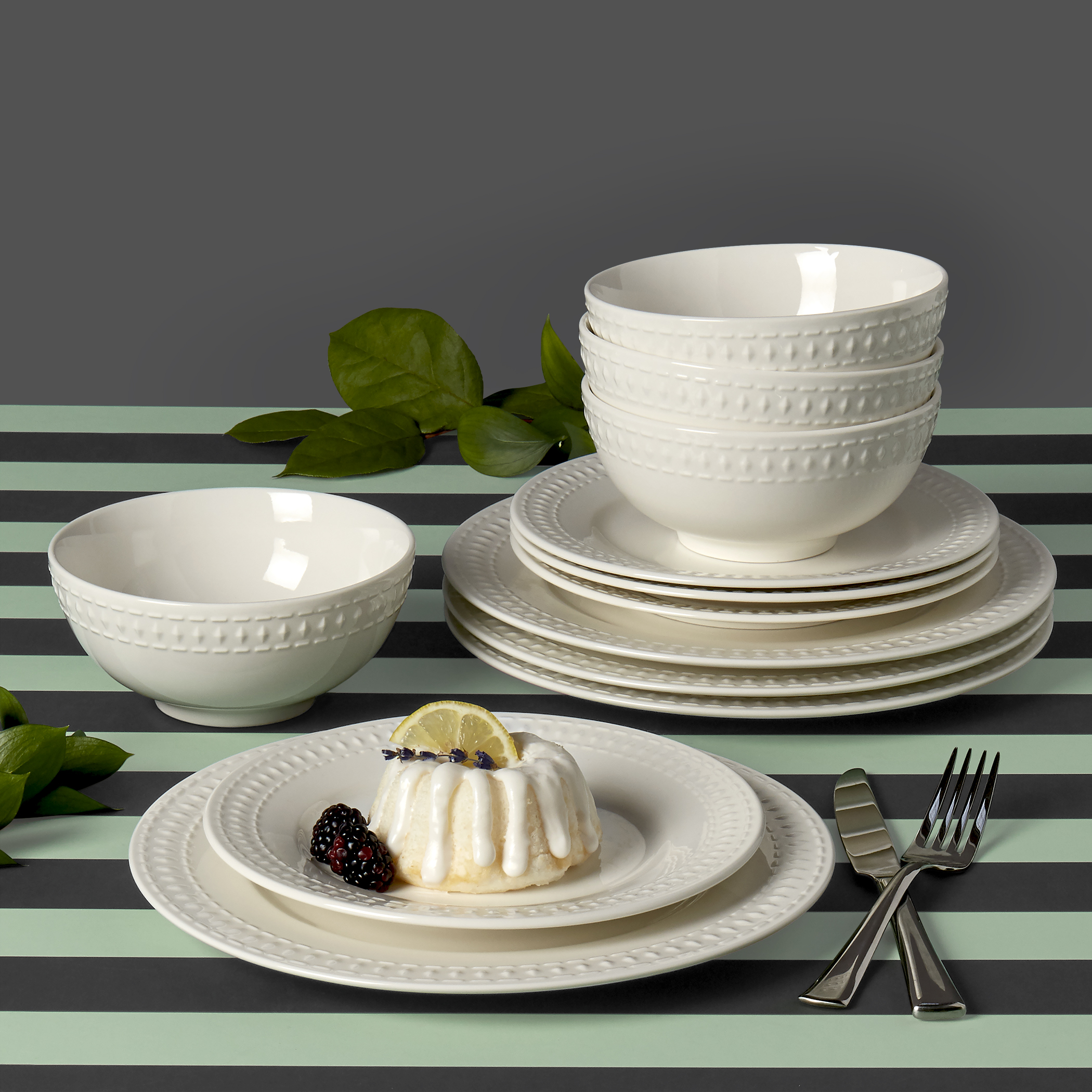 12Piece Bloom Embossed Porcelain White Dinnerware Set Tabletops Gallery